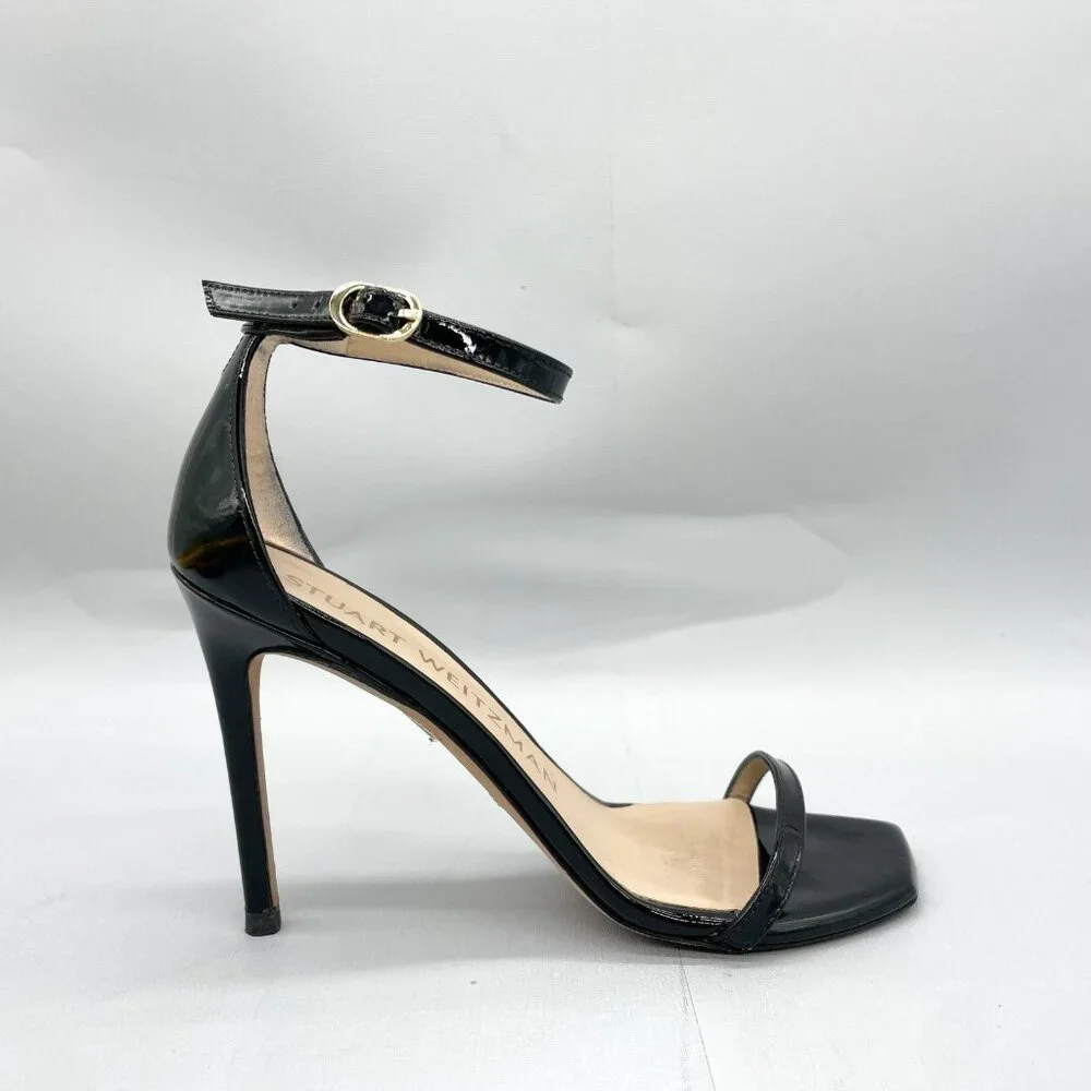 Stuart Weitzman Nudistcurve Black Patent Leather Strappy Stiletto Heel - Picture 2 of 14